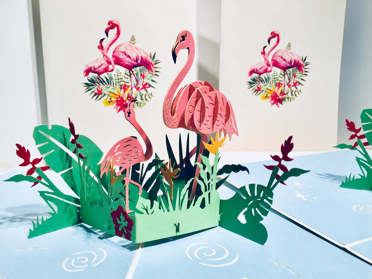 Large Pink Flamingos Mother & A Baby Origami Pop Cards 3D Pop Up Greeting Card Best Wishes Happy Birthday Gift Thank You Handmade Best Wishes Blank Card for Any Occasion Happy Mother's Day Happy Father's Day Celebration