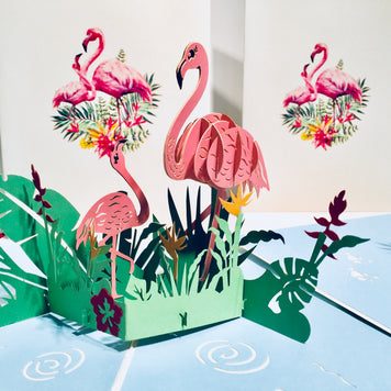 Large Pink Flamingos Mother & A Baby Origami Pop Cards 3D Pop Up Greeting Card Best Wishes Happy Birthday Gift Thank You Handmade Best Wishes Blank Card for Any Occasion Happy Mother's Day Happy Father's Day Celebration