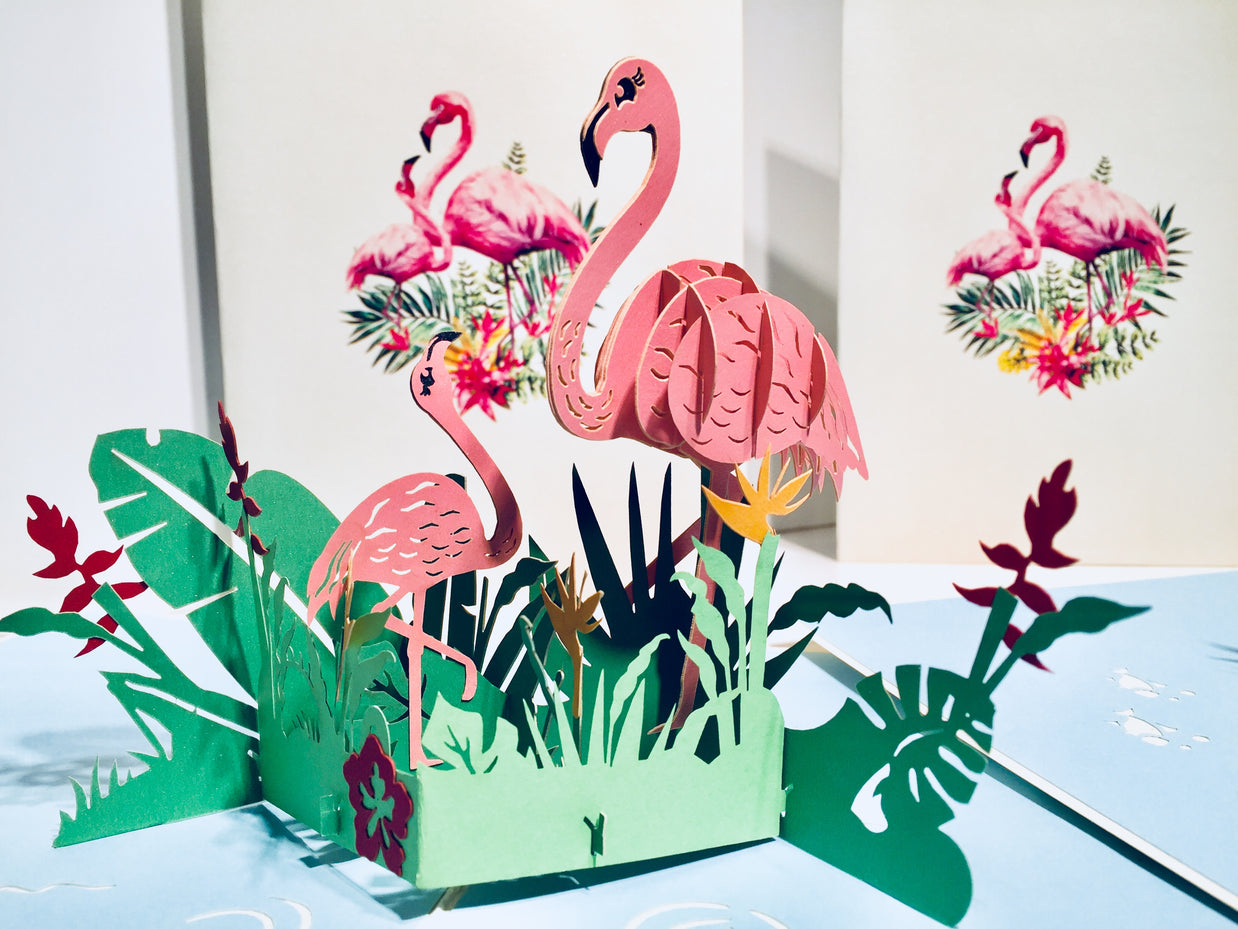 Large Pink Flamingos Mother & A Baby Origami Pop Cards 3D Pop Up Greeting Card Best Wishes Happy Birthday Gift Thank You Handmade Best Wishes Blank Card for Any Occasion Happy Mother's Day Happy Father's Day Celebration