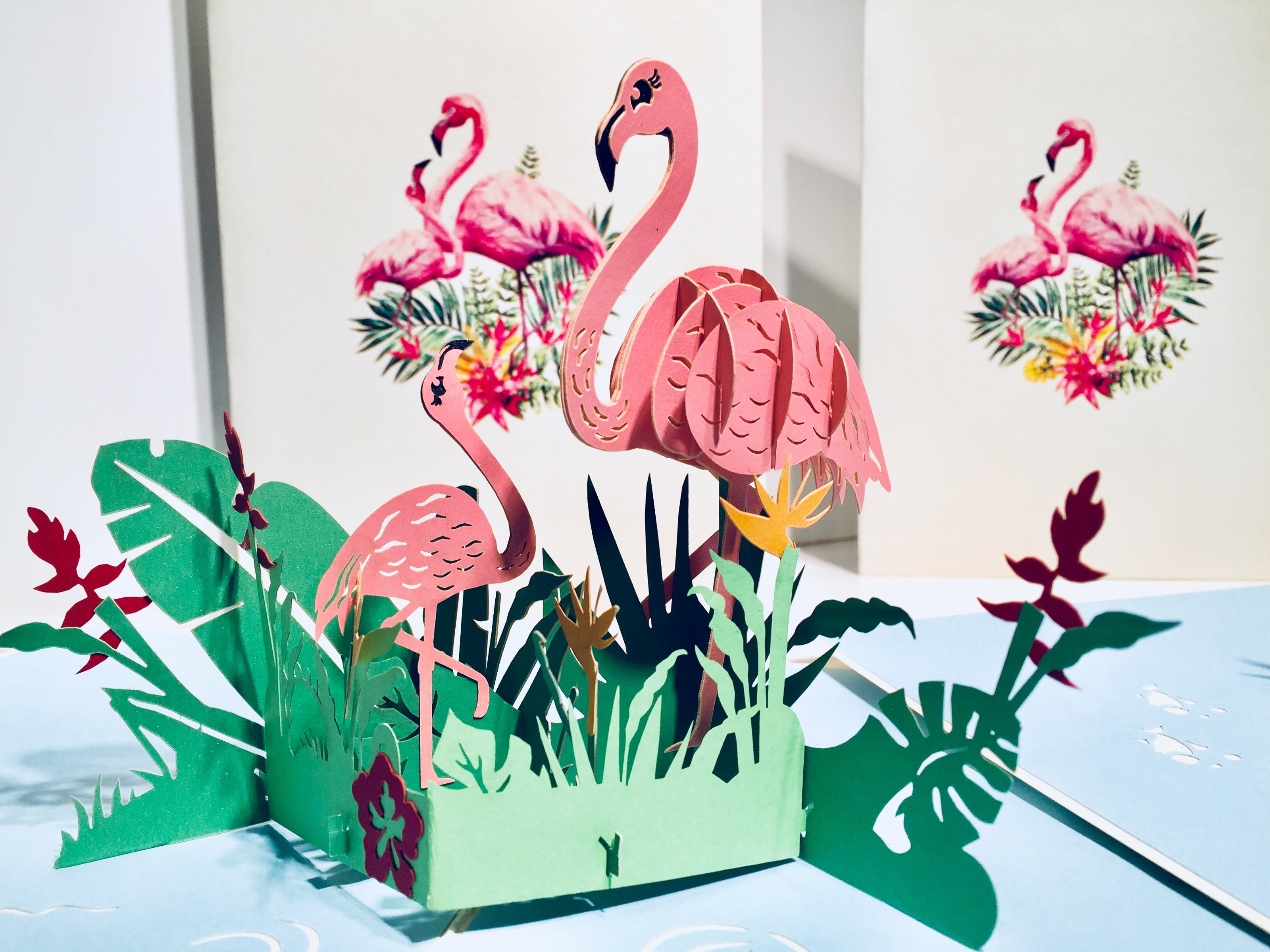Large Pink Flamingos Mother & A Baby Origami Pop Cards 3D Pop Up Greeting Card Best Wishes Happy Birthday Gift Thank You Handmade Best Wishes Blank Card for Any Occasion Happy Mother's Day Happy Father's Day Celebration