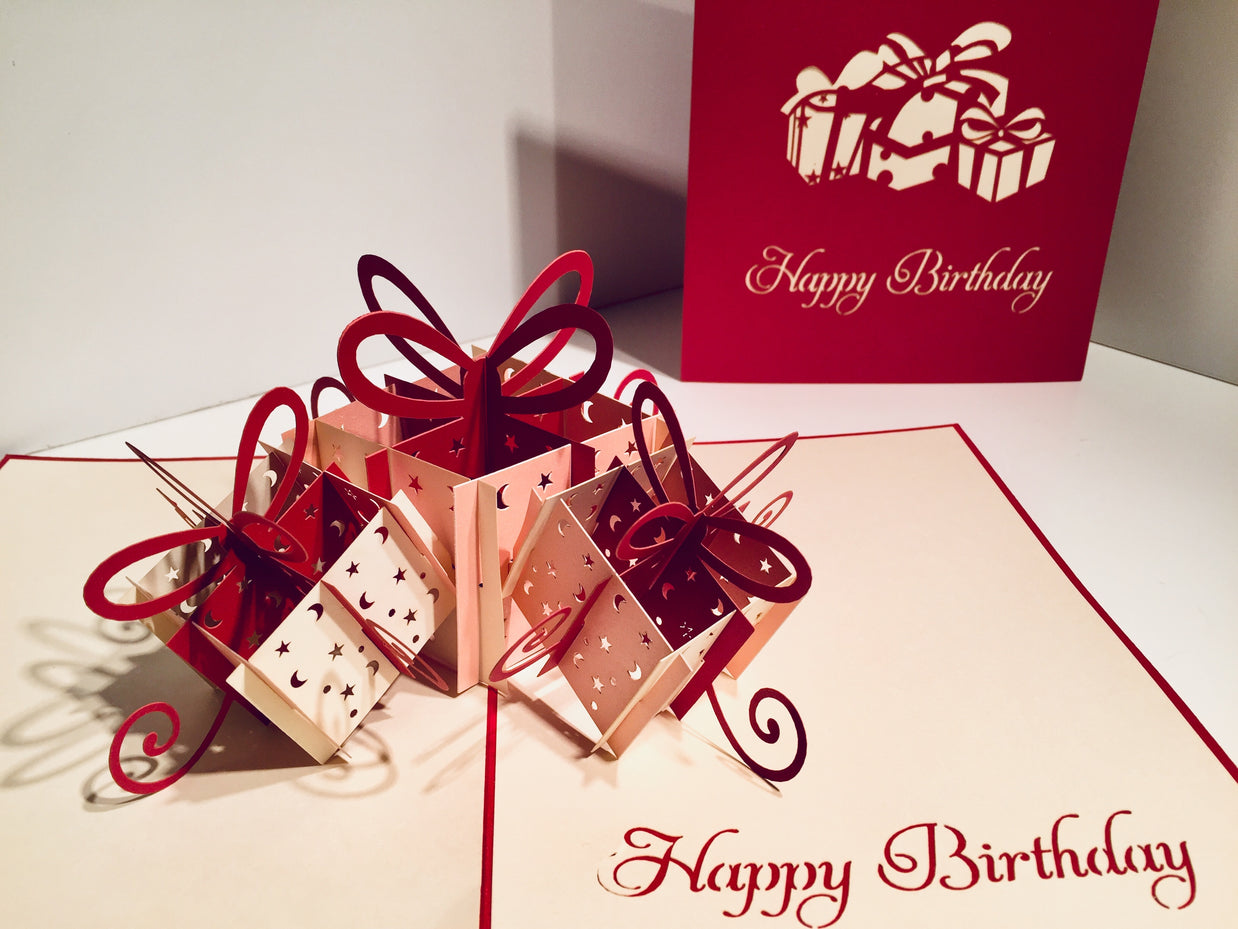 Large Red Triple Birthday Presents Origami Pop Cards 3D Pop Up Greeting Card Thank You Handmade Gift Thinking of You Happy Birthday Occasion Australiana Celebrate the Beauty and Happiness During Special Day Best Wishes Gift