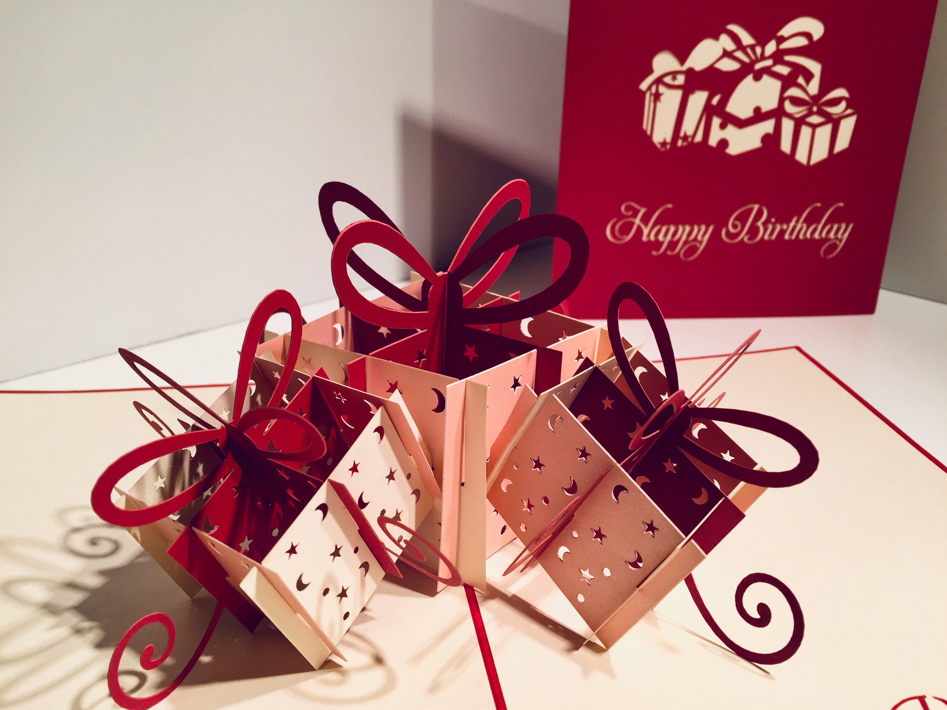 Large Red Triple Birthday Presents Origami Pop Cards 3D Pop Up Greeting Card Thank You Handmade Gift Thinking of You Happy Birthday Occasion Australiana Celebrate the Beauty and Happiness During Special Day Best Wishes Gift