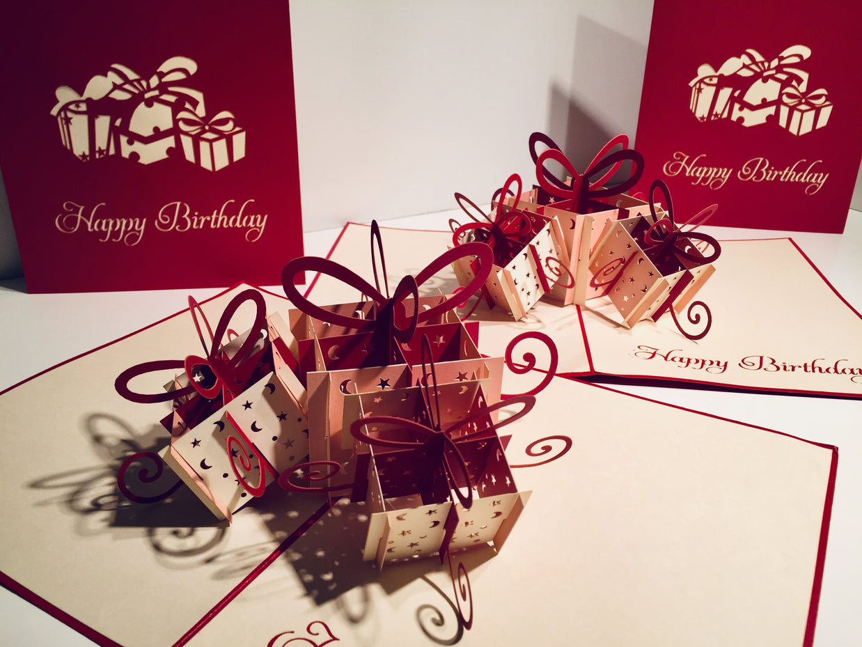 Large Red Triple Birthday Presents Origami Pop Cards 3D Pop Up Greeting Card Thank You Handmade Gift Thinking of You Happy Birthday Occasion Australiana Celebrate the Beauty and Happiness During Special Day Best Wishes Gift