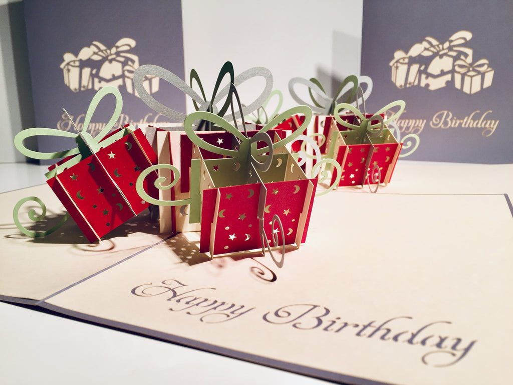 Large Silver Grey Triple Birthday Presents Origami Pop Cards 3D Pop Up Greeting Card Thank You Handmade Gift Thinking of You Happy Birthday Occasion Australiana Celebrate the Beauty and Happiness During Special Day Best Wishes Gift