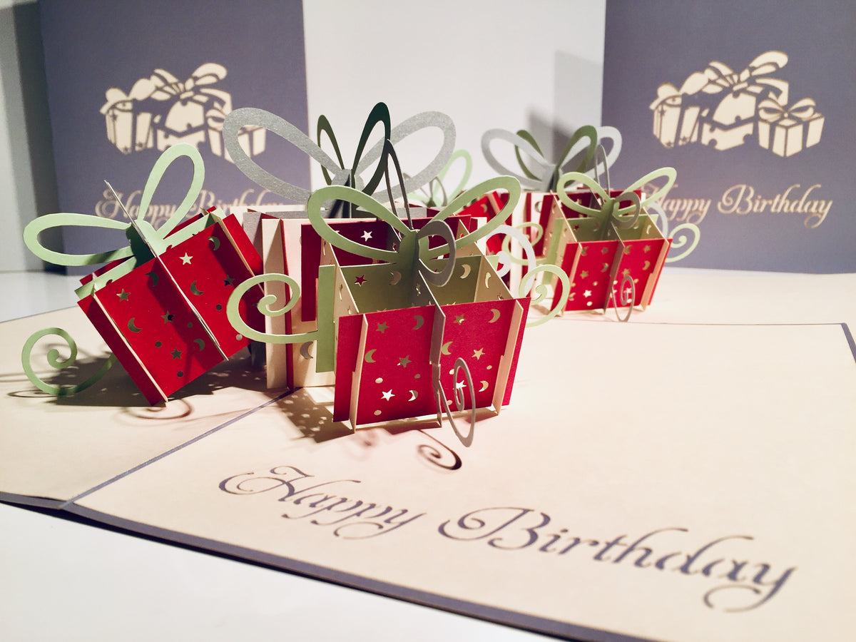 Large Silver Grey Triple Birthday Presents Origami Pop Cards 3D Pop Up Greeting Card Thank You Handmade Gift Thinking of You Happy Birthday Occasion Australiana Celebrate the Beauty and Happiness During Special Day Best Wishes Gift
