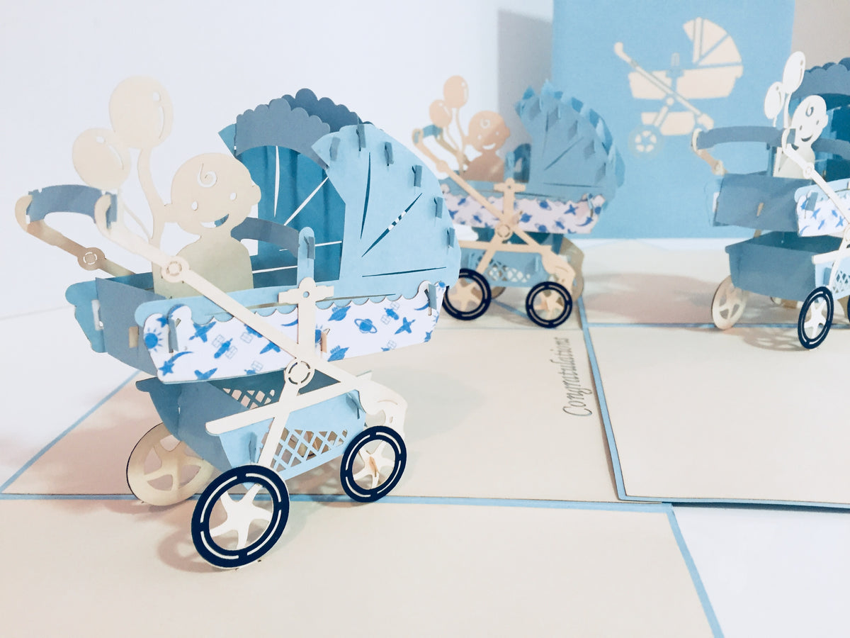 Large Super Cute Baby Carriage Pram in Blue - Origami Pop Cards 3D Pop Up Greeting Card Best Wishes Happy Birthday Gift Thank You Handmade Best Wishes Blank Card for Any Occasion Happy Mother's Day Happy Father's Day Celebration