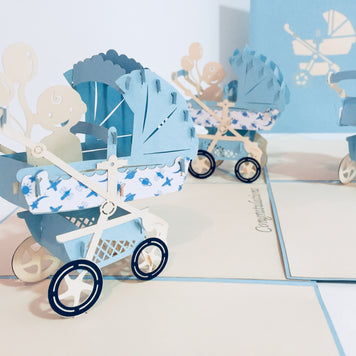 Large Super Cute Baby Carriage Pram in Blue - Origami Pop Cards 3D Pop Up Greeting Card Best Wishes Happy Birthday Gift Thank You Handmade Best Wishes Blank Card for Any Occasion Happy Mother's Day Happy Father's Day Celebration