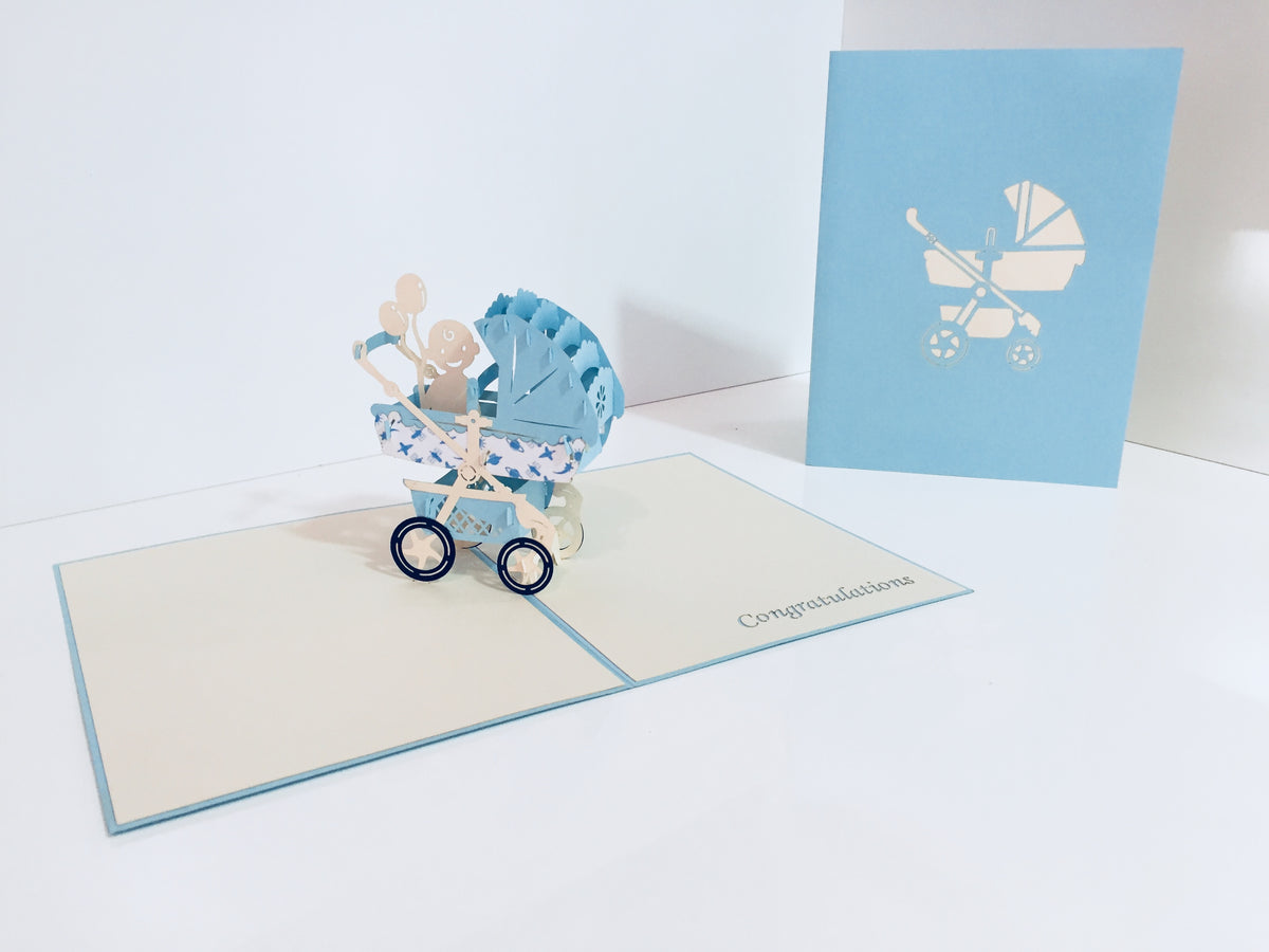 Large Super Cute Baby Carriage Pram in Blue - Origami Pop Cards 3D Pop Up Greeting Card Best Wishes Happy Birthday Gift Thank You Handmade Best Wishes Blank Card for Any Occasion Happy Mother's Day Happy Father's Day Celebration