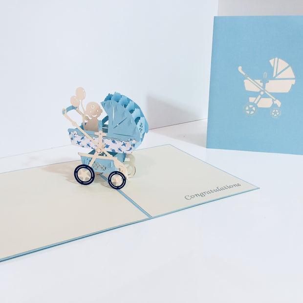 Large Super Cute Baby Carriage Pram in Blue - Origami Pop Cards 3D Pop Up Greeting Card Best Wishes Happy Birthday Gift Thank You Handmade Best Wishes Blank Card for Any Occasion Happy Mother's Day Happy Father's Day Celebration