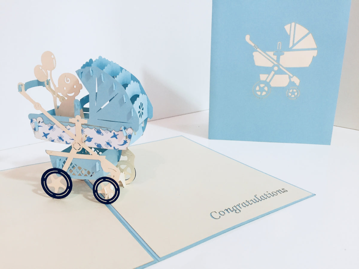 Large Super Cute Baby Carriage Pram in Blue - Origami Pop Cards 3D Pop Up Greeting Card Best Wishes Happy Birthday Gift Thank You Handmade Best Wishes Blank Card for Any Occasion Happy Mother's Day Happy Father's Day Celebration