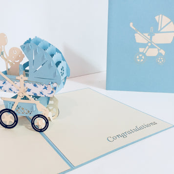Large Super Cute Baby Carriage Pram in Blue - Origami Pop Cards 3D Pop Up Greeting Card Best Wishes Happy Birthday Gift Thank You Handmade Best Wishes Blank Card for Any Occasion Happy Mother's Day Happy Father's Day Celebration