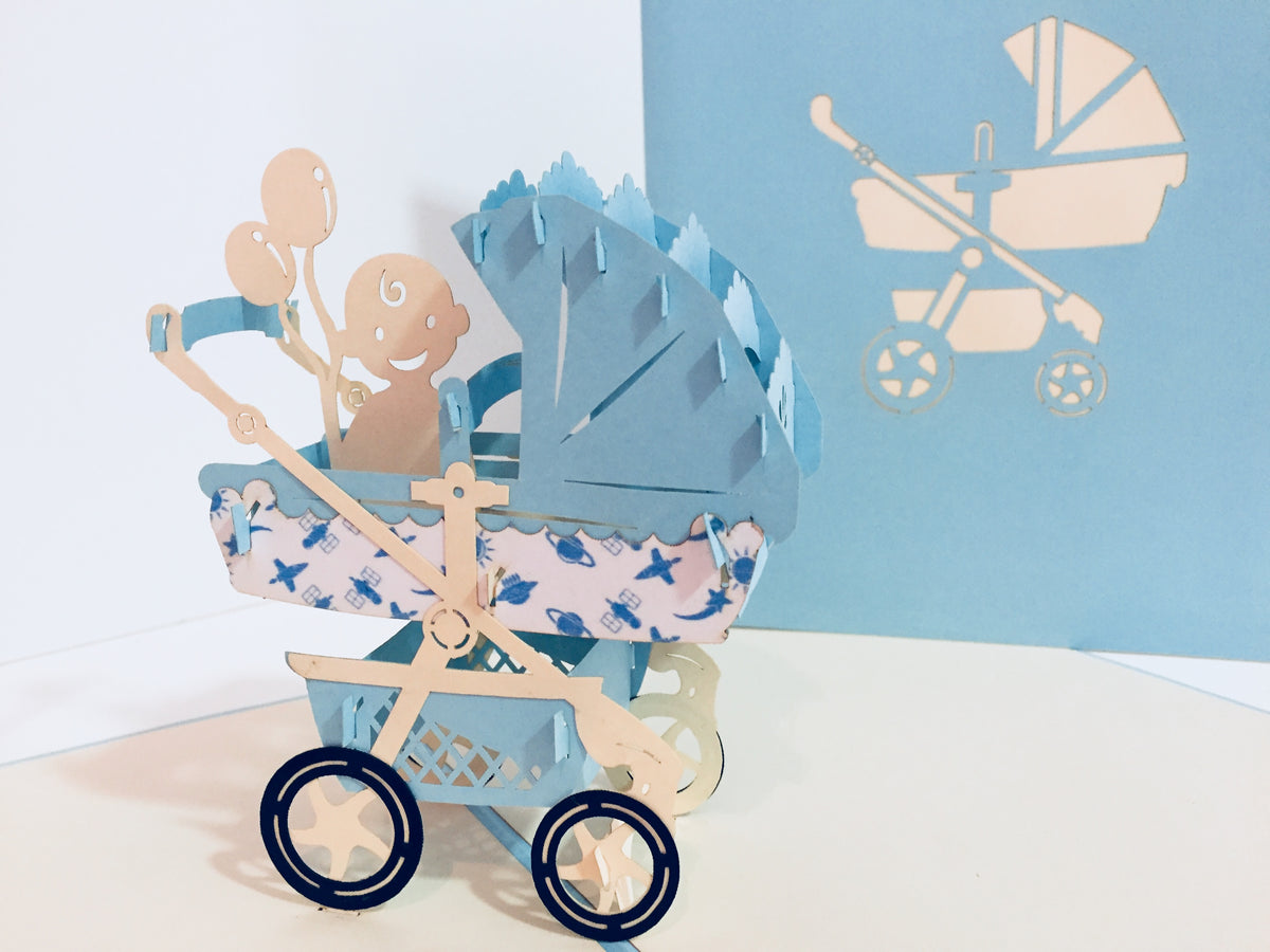 Large Super Cute Baby Carriage Pram in Blue - Origami Pop Cards 3D Pop Up Greeting Card Best Wishes Happy Birthday Gift Thank You Handmade Best Wishes Blank Card for Any Occasion Happy Mother's Day Happy Father's Day Celebration
