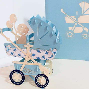 Large Super Cute Baby Carriage Pram in Blue - Origami Pop Cards 3D Pop Up Greeting Card Best Wishes Happy Birthday Gift Thank You Handmade Best Wishes Blank Card for Any Occasion Happy Mother's Day Happy Father's Day Celebration