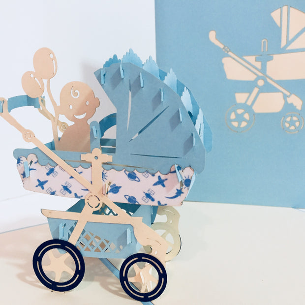 Large Super Cute Baby Carriage Pram in Blue - Origami Pop Cards 3D Pop Up Greeting Card Best Wishes Happy Birthday Gift Thank You Handmade Best Wishes Blank Card for Any Occasion Happy Mother's Day Happy Father's Day Celebration