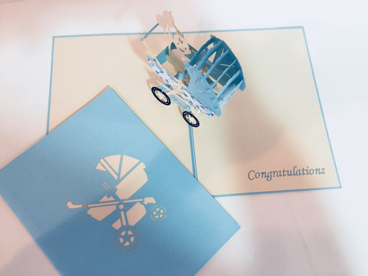 Large Super Cute Baby Carriage Pram in Blue - Origami Pop Cards 3D Pop Up Greeting Card Best Wishes Happy Birthday Gift Thank You Handmade Best Wishes Blank Card for Any Occasion Happy Mother's Day Happy Father's Day Celebration
