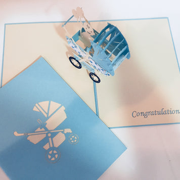 Large Super Cute Baby Carriage Pram in Blue - Origami Pop Cards 3D Pop Up Greeting Card Best Wishes Happy Birthday Gift Thank You Handmade Best Wishes Blank Card for Any Occasion Happy Mother's Day Happy Father's Day Celebration