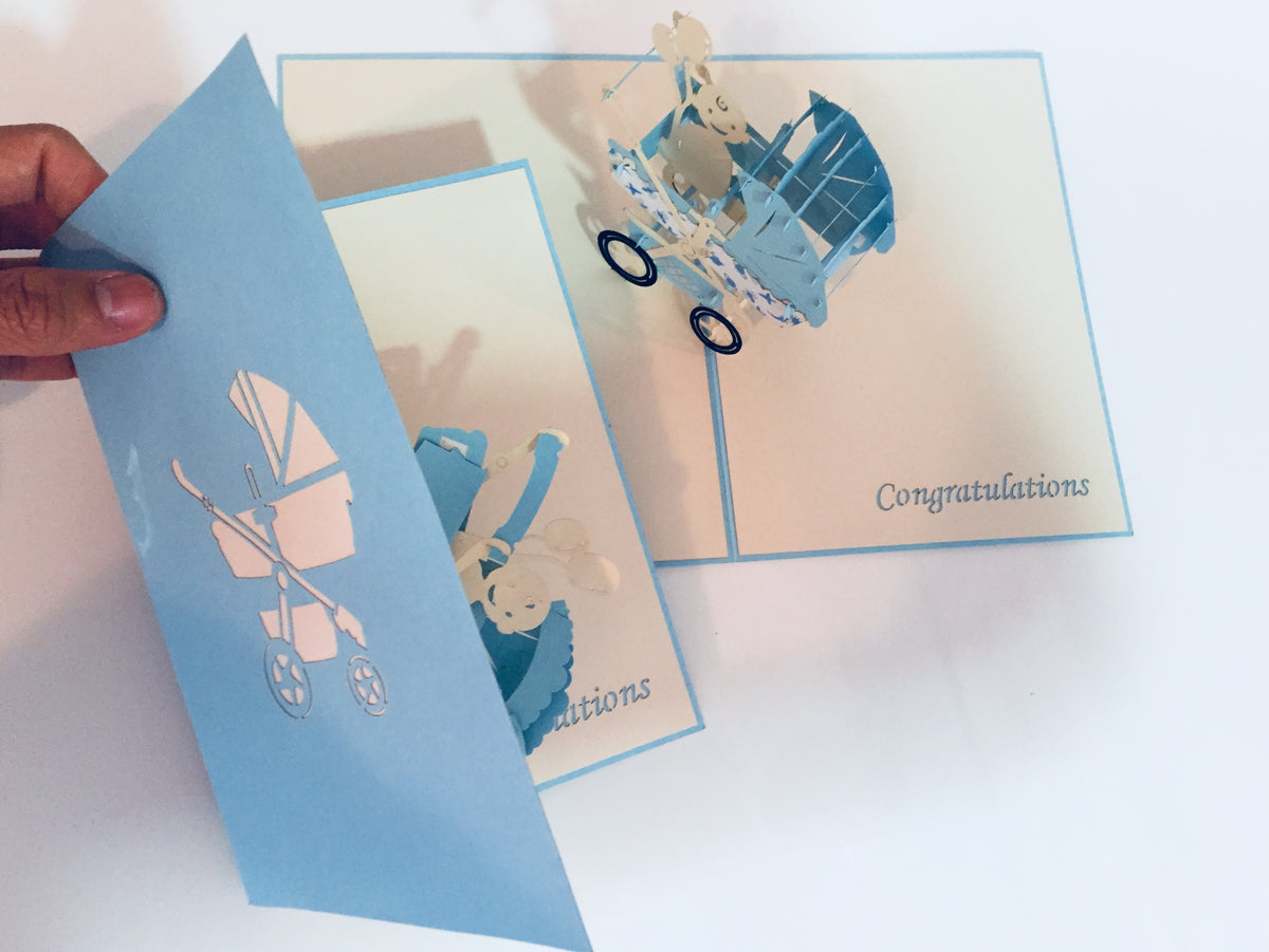 Large Super Cute Baby Carriage Pram in Blue - Origami Pop Cards 3D Pop Up Greeting Card Best Wishes Happy Birthday Gift Thank You Handmade Best Wishes Blank Card for Any Occasion Happy Mother's Day Happy Father's Day Celebration