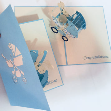 Large Super Cute Baby Carriage Pram in Blue - Origami Pop Cards 3D Pop Up Greeting Card Best Wishes Happy Birthday Gift Thank You Handmade Best Wishes Blank Card for Any Occasion Happy Mother's Day Happy Father's Day Celebration
