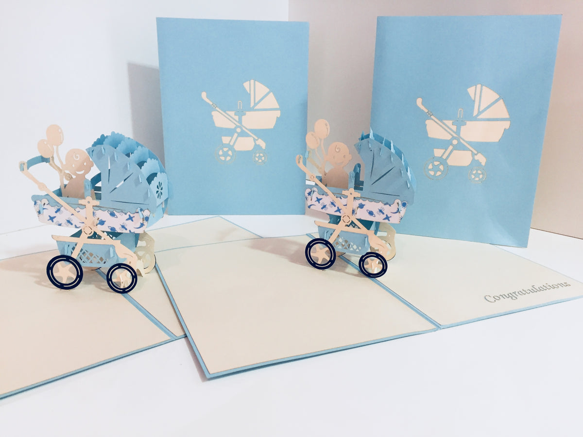 Large Super Cute Baby Carriage Pram in Blue - Origami Pop Cards 3D Pop Up Greeting Card Best Wishes Happy Birthday Gift Thank You Handmade Best Wishes Blank Card for Any Occasion Happy Mother's Day Happy Father's Day Celebration