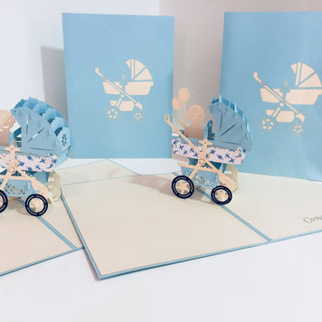 Large Super Cute Baby Carriage Pram in Blue - Origami Pop Cards 3D Pop Up Greeting Card Best Wishes Happy Birthday Gift Thank You Handmade Best Wishes Blank Card for Any Occasion Happy Mother's Day Happy Father's Day Celebration