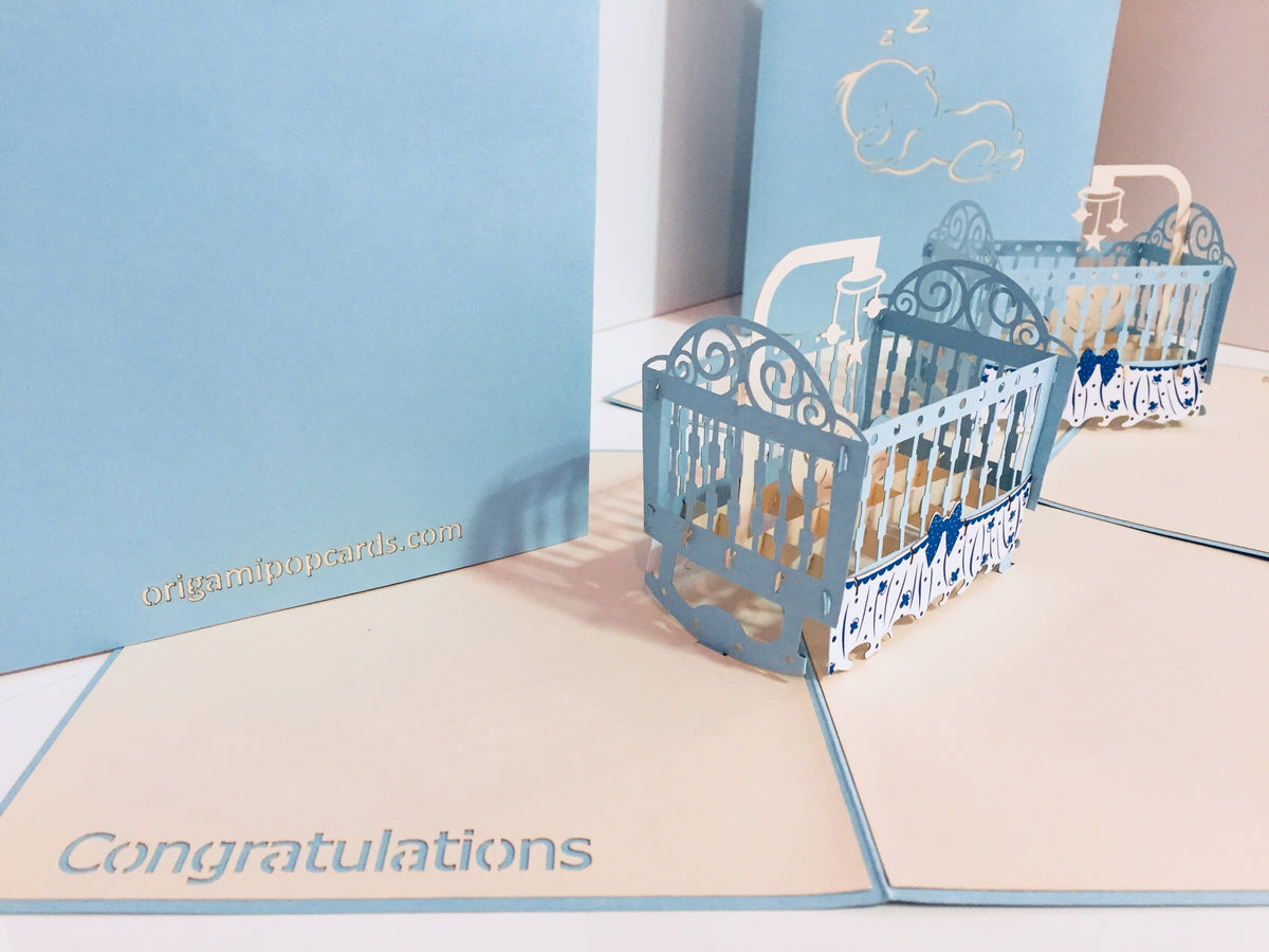 Large Super Cute Baby Cot in Blue Origami Pop Cards 3D Pop Up Greeting Card Best Wishes Happy Birthday Gift Thank You Handmade Best Wishes Blank Card for Any Occasion Happy Mother's Day Happy Father's Day Celebration