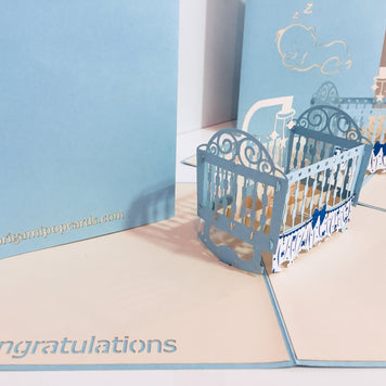 Large Super Cute Baby Cot in Blue Origami Pop Cards 3D Pop Up Greeting Card Best Wishes Happy Birthday Gift Thank You Handmade Best Wishes Blank Card for Any Occasion Happy Mother's Day Happy Father's Day Celebration