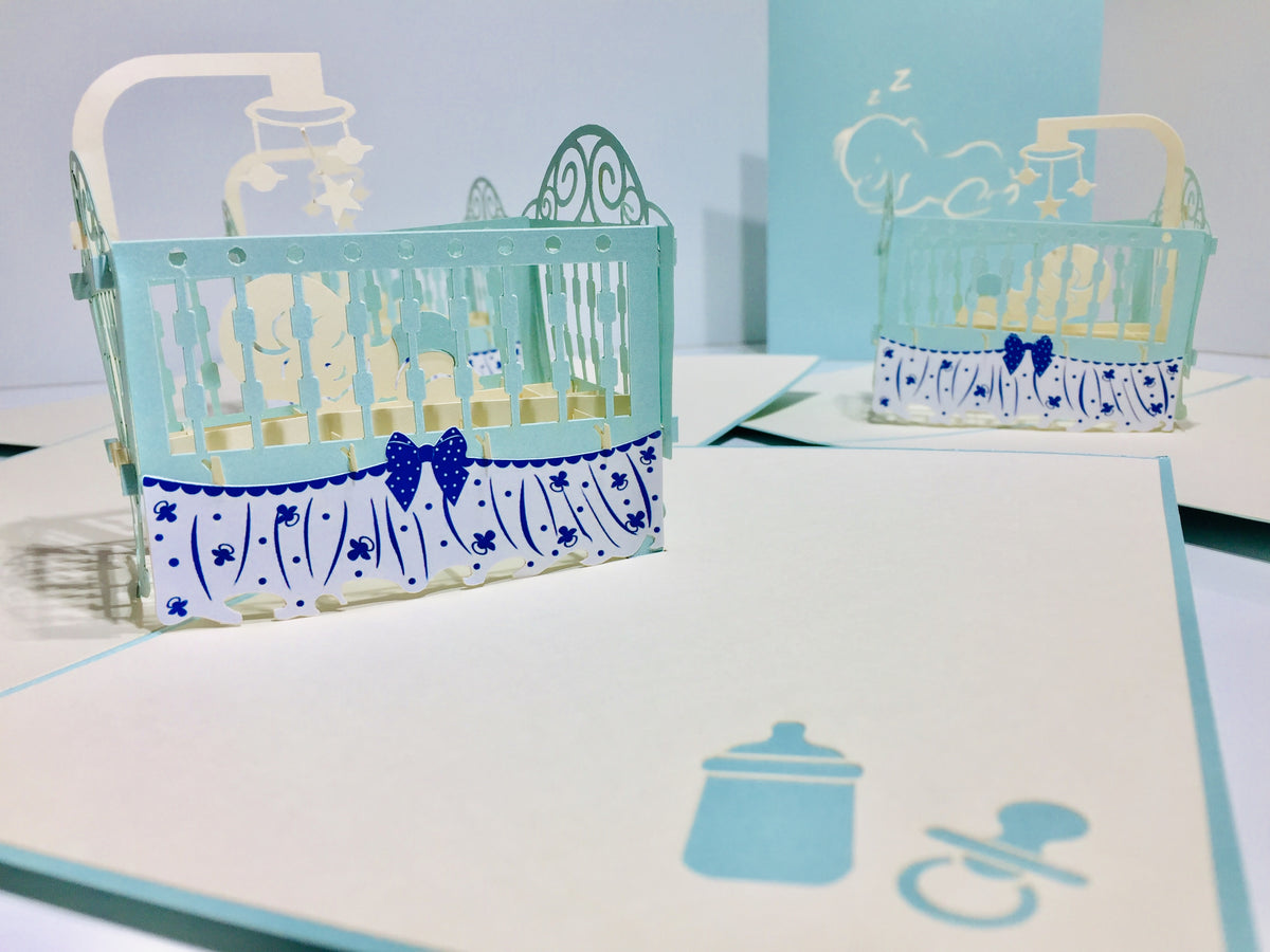 Large Super Cute Baby Cot in Blue Origami Pop Cards 3D Pop Up Greeting Card Best Wishes Happy Birthday Gift Thank You Handmade Best Wishes Blank Card for Any Occasion Happy Mother's Day Happy Father's Day Celebration