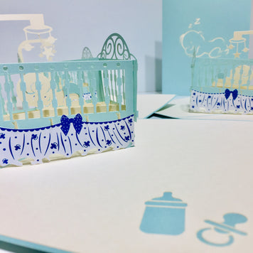 Large Super Cute Baby Cot in Blue Origami Pop Cards 3D Pop Up Greeting Card Best Wishes Happy Birthday Gift Thank You Handmade Best Wishes Blank Card for Any Occasion Happy Mother's Day Happy Father's Day Celebration
