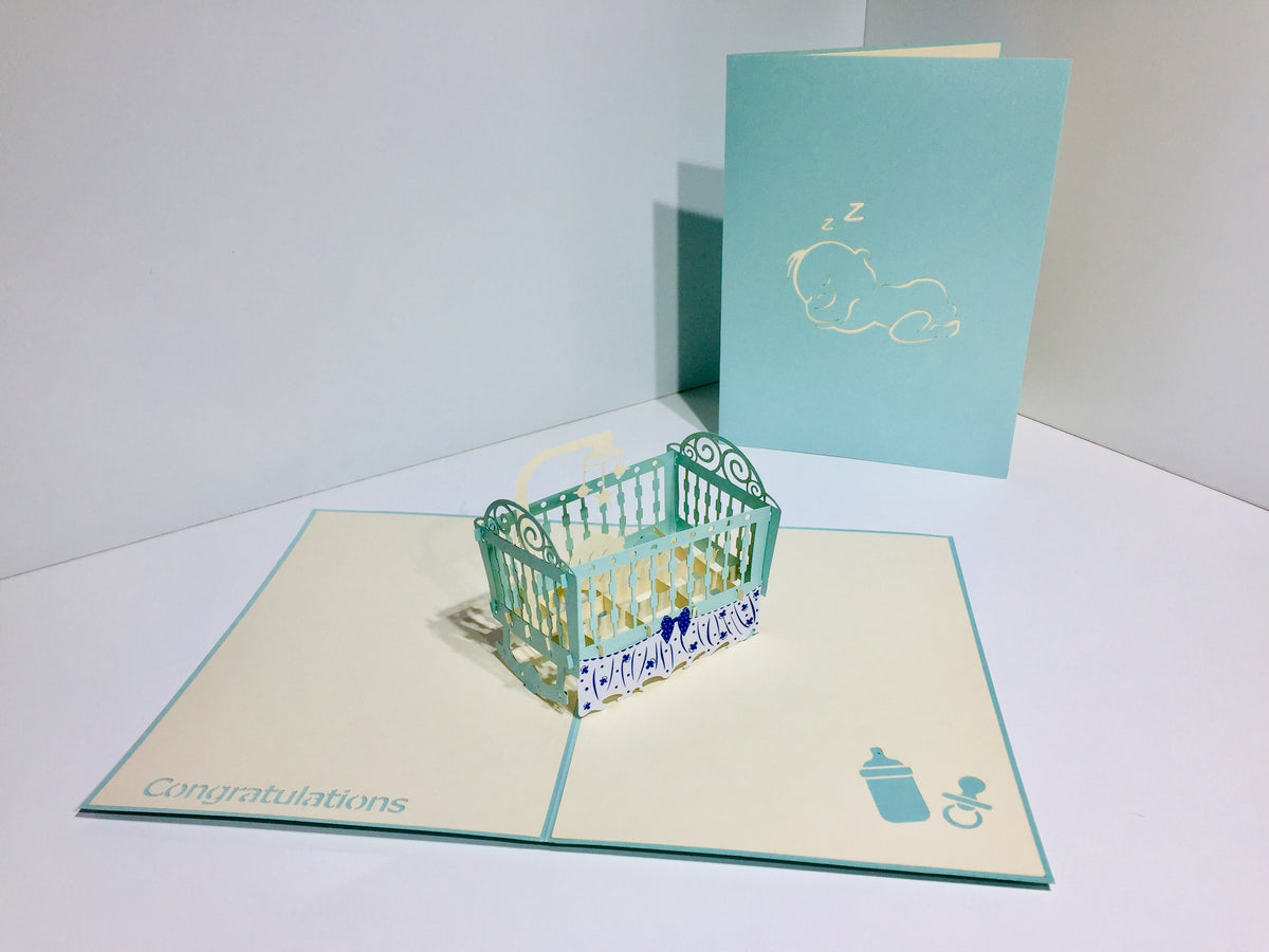 Large Super Cute Baby Cot in Blue Origami Pop Cards 3D Pop Up Greeting Card Best Wishes Happy Birthday Gift Thank You Handmade Best Wishes Blank Card for Any Occasion Happy Mother's Day Happy Father's Day Celebration