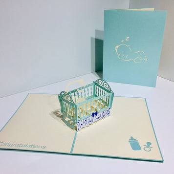 Large Super Cute Baby Cot in Blue Origami Pop Cards 3D Pop Up Greeting Card Best Wishes Happy Birthday Gift Thank You Handmade Best Wishes Blank Card for Any Occasion Happy Mother's Day Happy Father's Day Celebration