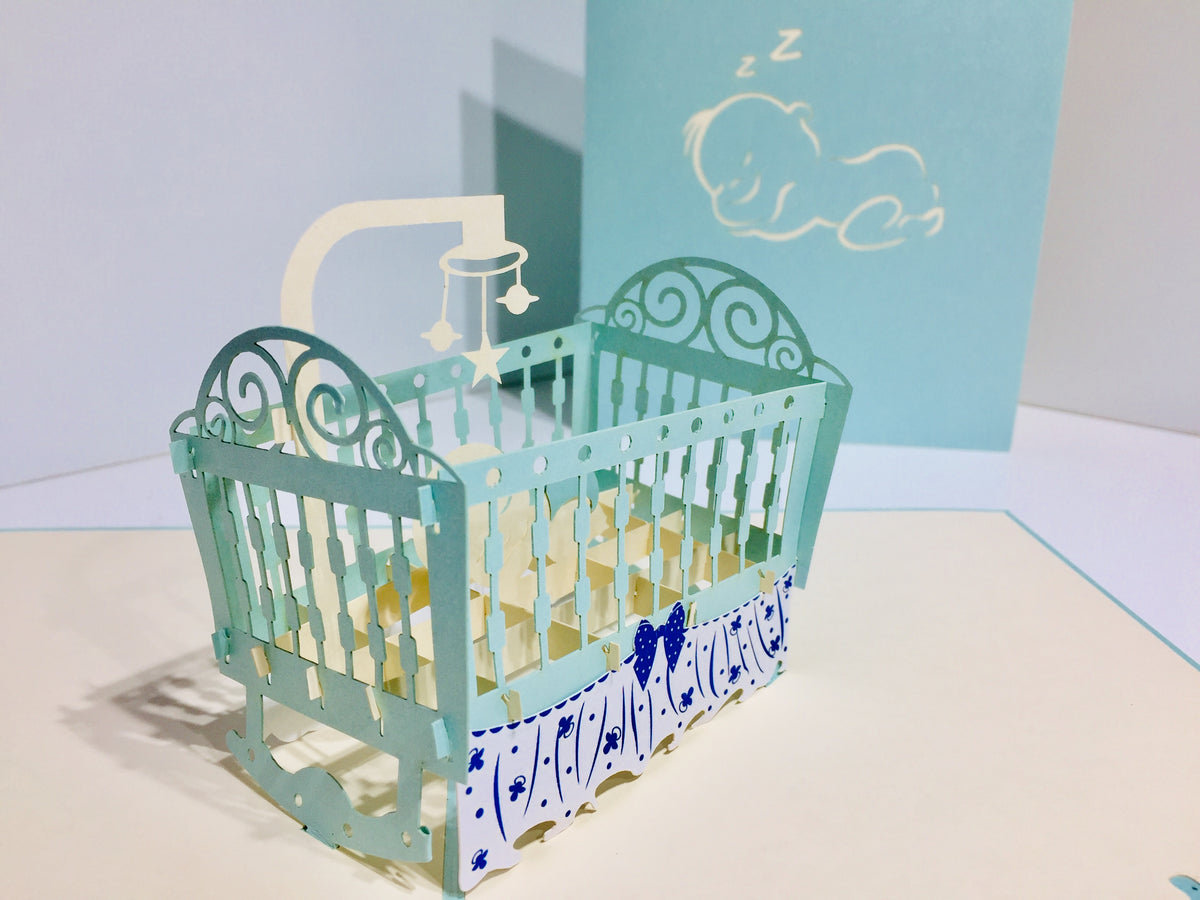 Large Super Cute Baby Cot in Blue Origami Pop Cards 3D Pop Up Greeting Card Best Wishes Happy Birthday Gift Thank You Handmade Best Wishes Blank Card for Any Occasion Happy Mother's Day Happy Father's Day Celebration