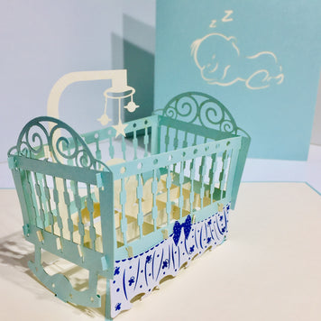 Large Super Cute Baby Cot in Blue Origami Pop Cards 3D Pop Up Greeting Card Best Wishes Happy Birthday Gift Thank You Handmade Best Wishes Blank Card for Any Occasion Happy Mother's Day Happy Father's Day Celebration
