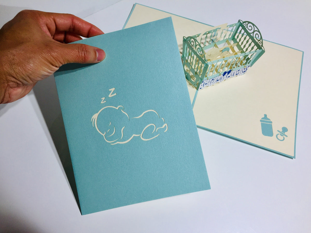 Large Super Cute Baby Cot in Blue Origami Pop Cards 3D Pop Up Greeting Card Best Wishes Happy Birthday Gift Thank You Handmade Best Wishes Blank Card for Any Occasion Happy Mother's Day Happy Father's Day Celebration
