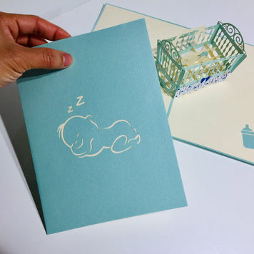 Large Super Cute Baby Cot in Blue Origami Pop Cards 3D Pop Up Greeting Card Best Wishes Happy Birthday Gift Thank You Handmade Best Wishes Blank Card for Any Occasion Happy Mother's Day Happy Father's Day Celebration