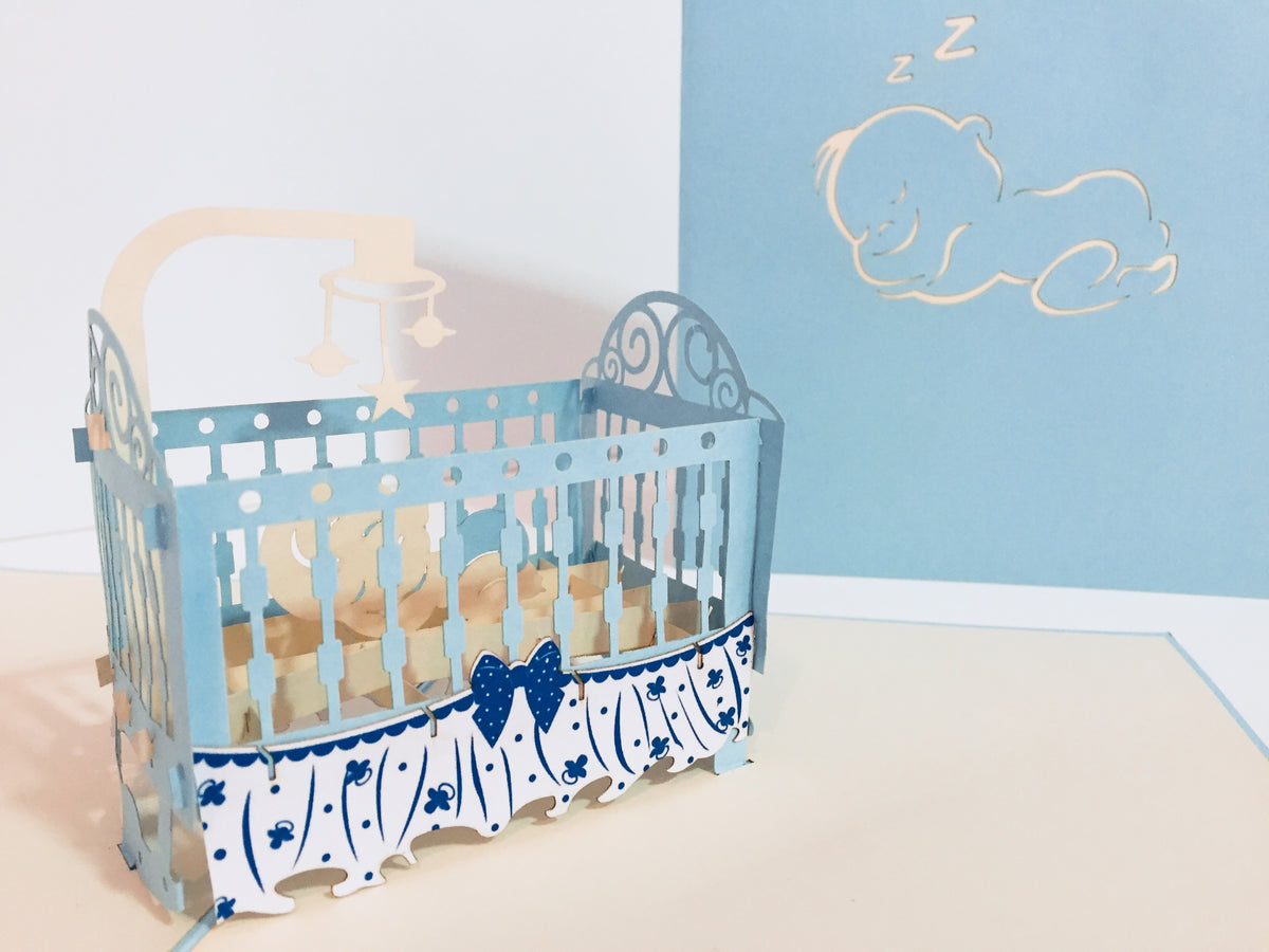 Large Super Cute Baby Cot in Blue Origami Pop Cards 3D Pop Up Greeting Card Best Wishes Happy Birthday Gift Thank You Handmade Best Wishes Blank Card for Any Occasion Happy Mother's Day Happy Father's Day Celebration