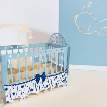 Large Super Cute Baby Cot in Blue Origami Pop Cards 3D Pop Up Greeting Card Best Wishes Happy Birthday Gift Thank You Handmade Best Wishes Blank Card for Any Occasion Happy Mother's Day Happy Father's Day Celebration