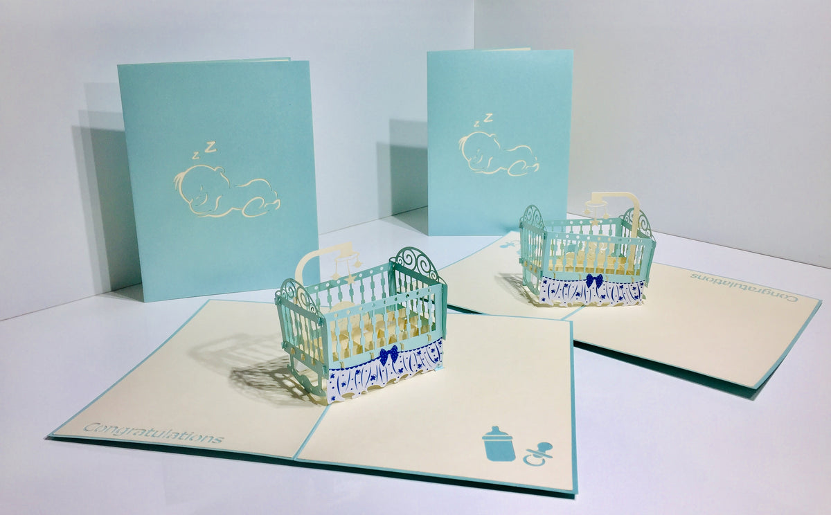 Large Super Cute Baby Cot in Blue Origami Pop Cards 3D Pop Up Greeting Card Best Wishes Happy Birthday Gift Thank You Handmade Best Wishes Blank Card for Any Occasion Happy Mother's Day Happy Father's Day Celebration