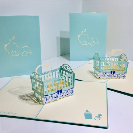 Large Super Cute Baby Cot in Blue Origami Pop Cards 3D Pop Up Greeting Card Best Wishes Happy Birthday Gift Thank You Handmade Best Wishes Blank Card for Any Occasion Happy Mother's Day Happy Father's Day Celebration