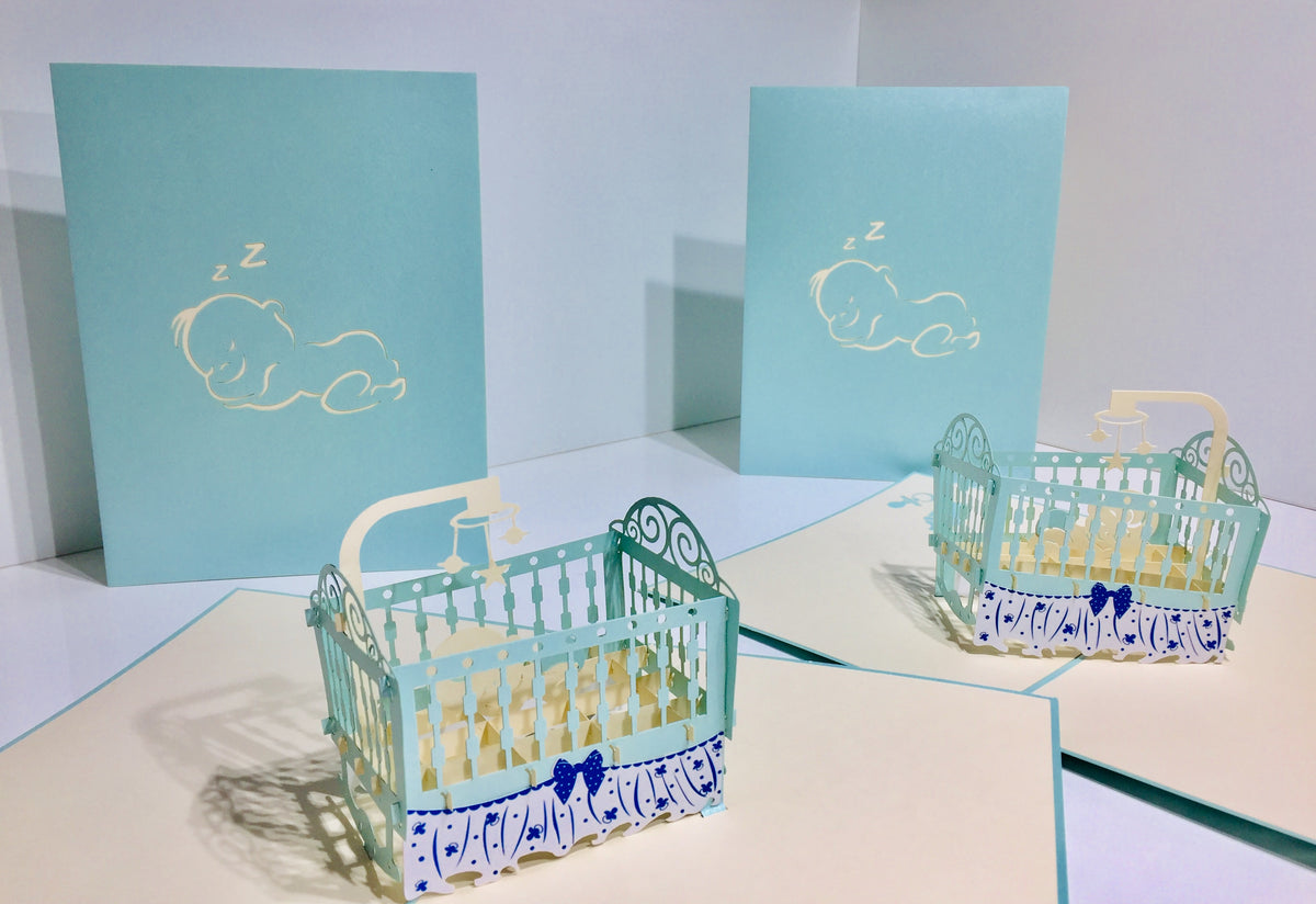 Large Super Cute Baby Cot in Blue Origami Pop Cards 3D Pop Up Greeting Card Best Wishes Happy Birthday Gift Thank You Handmade Best Wishes Blank Card for Any Occasion Happy Mother's Day Happy Father's Day Celebration