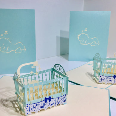Large Super Cute Baby Cot in Blue Origami Pop Cards 3D Pop Up Greeting Card Best Wishes Happy Birthday Gift Thank You Handmade Best Wishes Blank Card for Any Occasion Happy Mother's Day Happy Father's Day Celebration