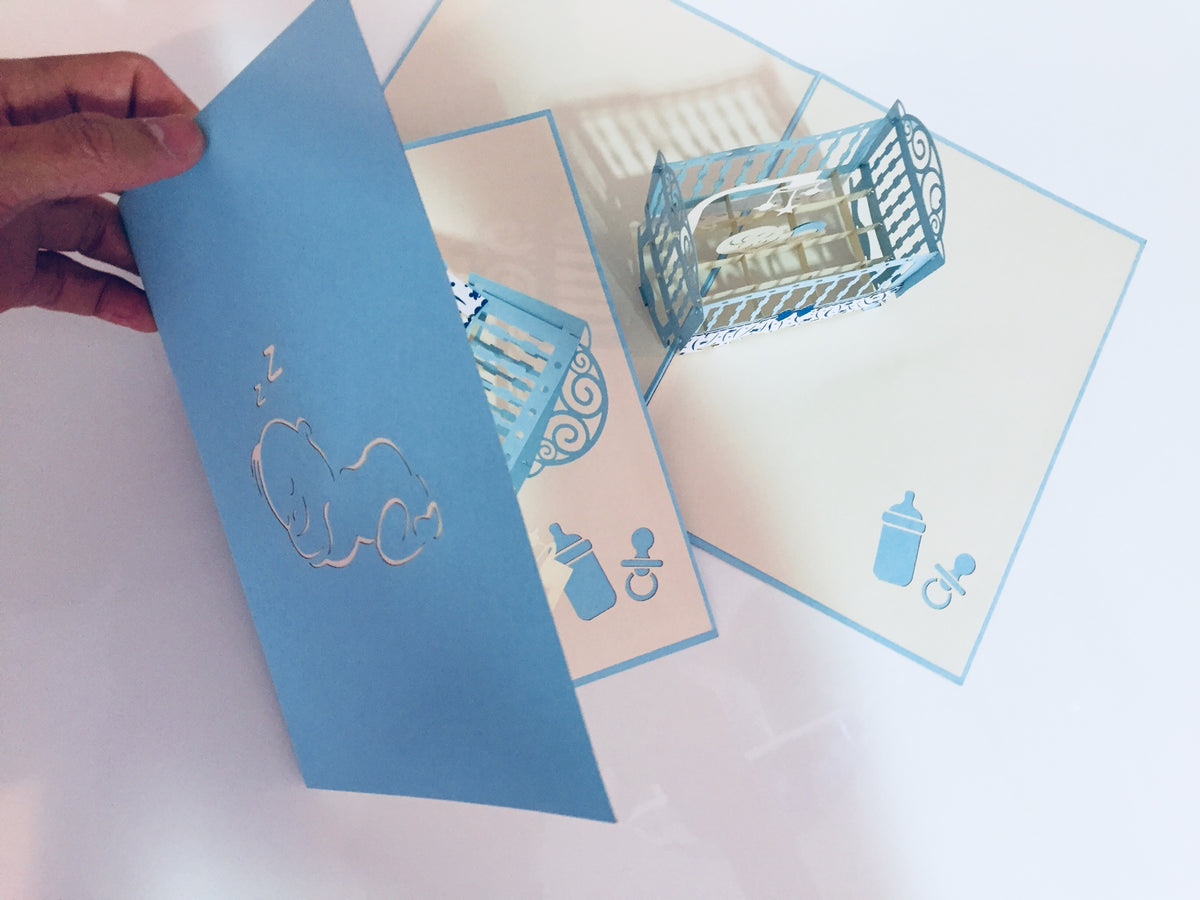 Large Super Cute Baby Cot in Blue Origami Pop Cards 3D Pop Up Greeting Card Best Wishes Happy Birthday Gift Thank You Handmade Best Wishes Blank Card for Any Occasion Happy Mother's Day Happy Father's Day Celebration