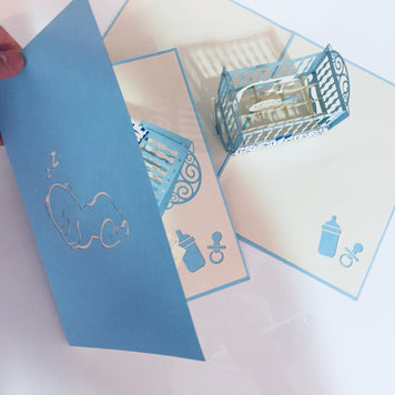 Large Super Cute Baby Cot in Blue Origami Pop Cards 3D Pop Up Greeting Card Best Wishes Happy Birthday Gift Thank You Handmade Best Wishes Blank Card for Any Occasion Happy Mother's Day Happy Father's Day Celebration