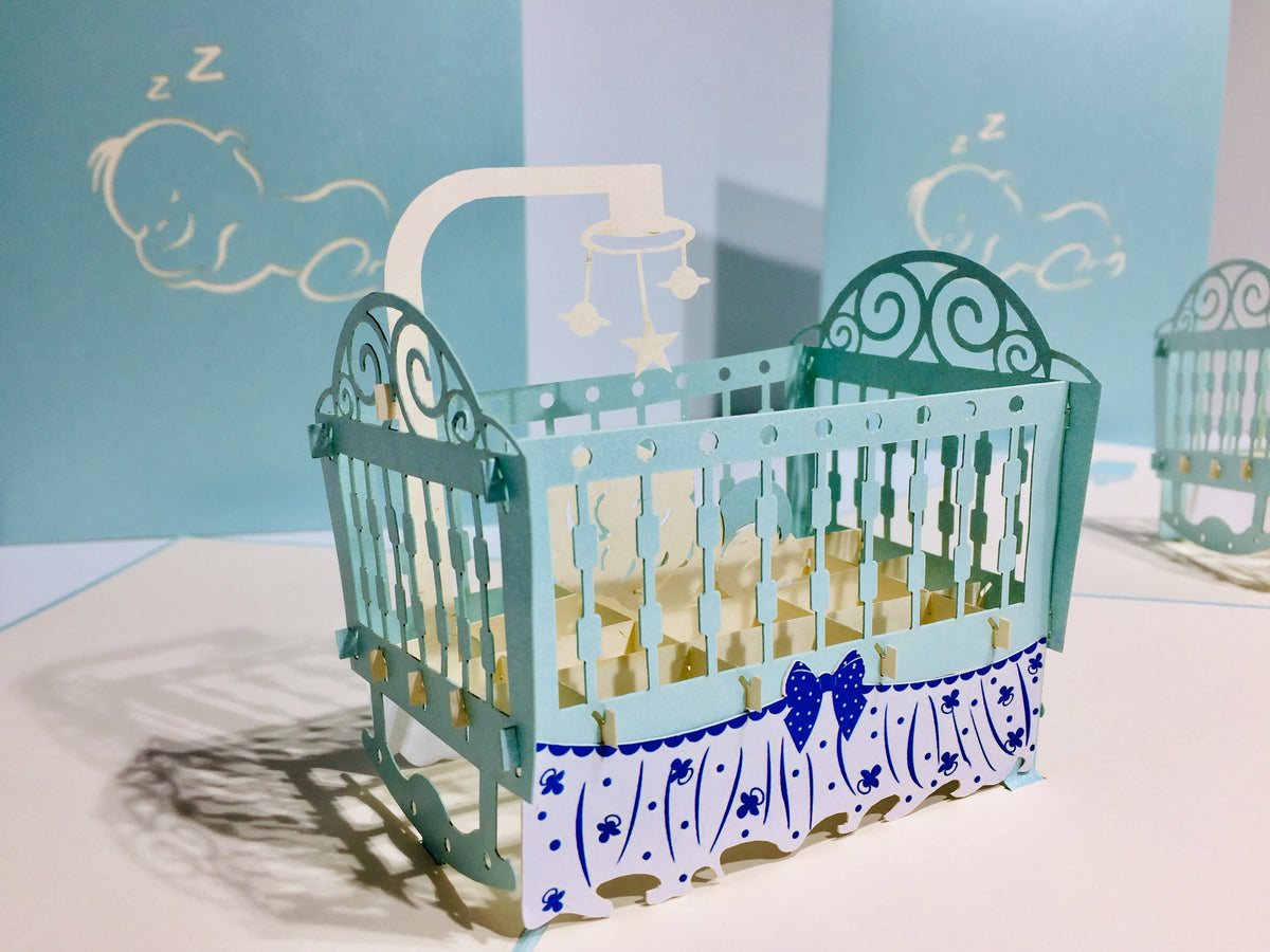 Large Super Cute Baby Cot in Blue Origami Pop Cards 3D Pop Up Greeting Card Best Wishes Happy Birthday Gift Thank You Handmade Best Wishes Blank Card for Any Occasion Happy Mother's Day Happy Father's Day Celebration
