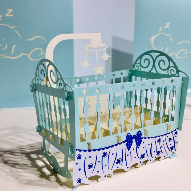 Large Super Cute Baby Cot in Blue Origami Pop Cards 3D Pop Up Greeting Card Best Wishes Happy Birthday Gift Thank You Handmade Best Wishes Blank Card for Any Occasion Happy Mother's Day Happy Father's Day Celebration
