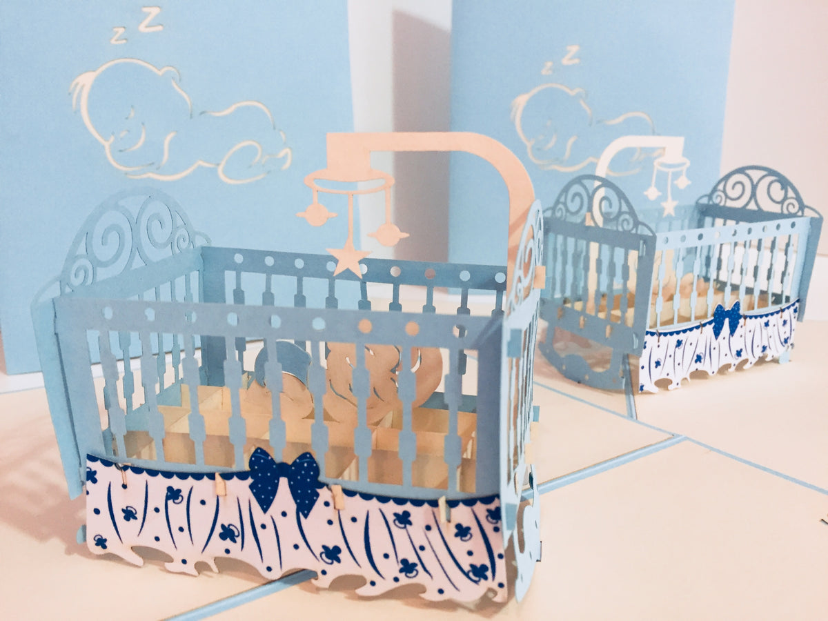 Large Super Cute Baby Cot in Blue Origami Pop Cards 3D Pop Up Greeting Card Best Wishes Happy Birthday Gift Thank You Handmade Best Wishes Blank Card for Any Occasion Happy Mother's Day Happy Father's Day Celebration