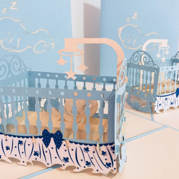 Large Super Cute Baby Cot in Blue Origami Pop Cards 3D Pop Up Greeting Card Best Wishes Happy Birthday Gift Thank You Handmade Best Wishes Blank Card for Any Occasion Happy Mother's Day Happy Father's Day Celebration