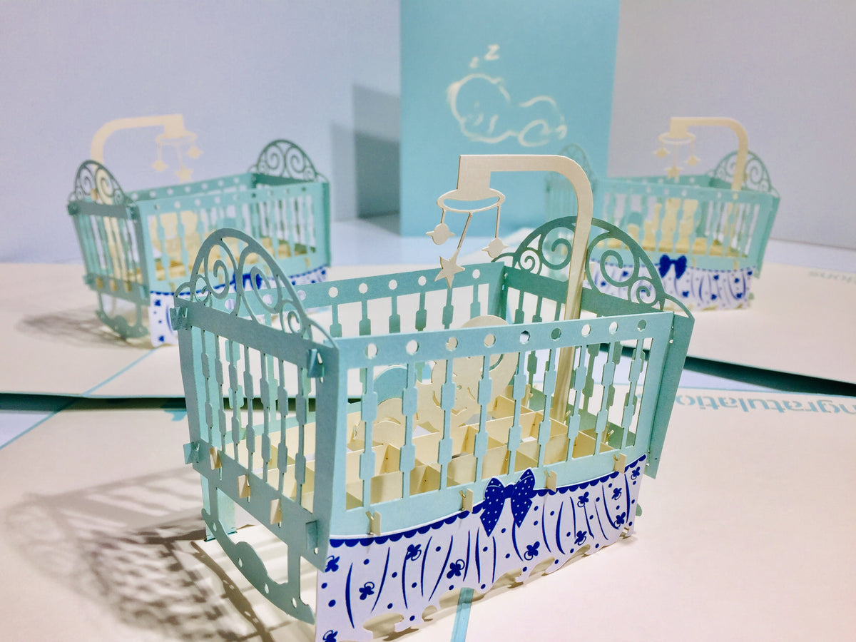 Large Super Cute Baby Cot in Blue Origami Pop Cards 3D Pop Up Greeting Card Best Wishes Happy Birthday Gift Thank You Handmade Best Wishes Blank Card for Any Occasion Happy Mother's Day Happy Father's Day Celebration