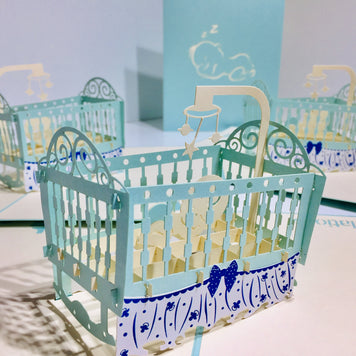 Large Super Cute Baby Cot in Blue Origami Pop Cards 3D Pop Up Greeting Card Best Wishes Happy Birthday Gift Thank You Handmade Best Wishes Blank Card for Any Occasion Happy Mother's Day Happy Father's Day Celebration