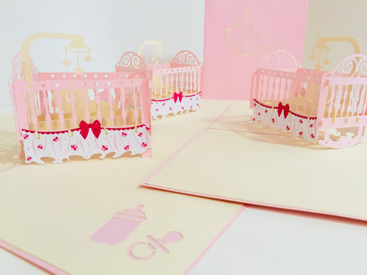 Large Super Cute Baby Cot in Pink Origami Pop Cards 3D Pop Up Greeting Card Merry Christmas Thank You Handmade Best Wishes Blank Card Gift Happy Holidays Celebrate the Special Day Party