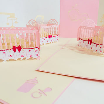 Large Super Cute Baby Cot in Pink Origami Pop Cards 3D Pop Up Greeting Card Merry Christmas Thank You Handmade Best Wishes Blank Card Gift Happy Holidays Celebrate the Special Day Party